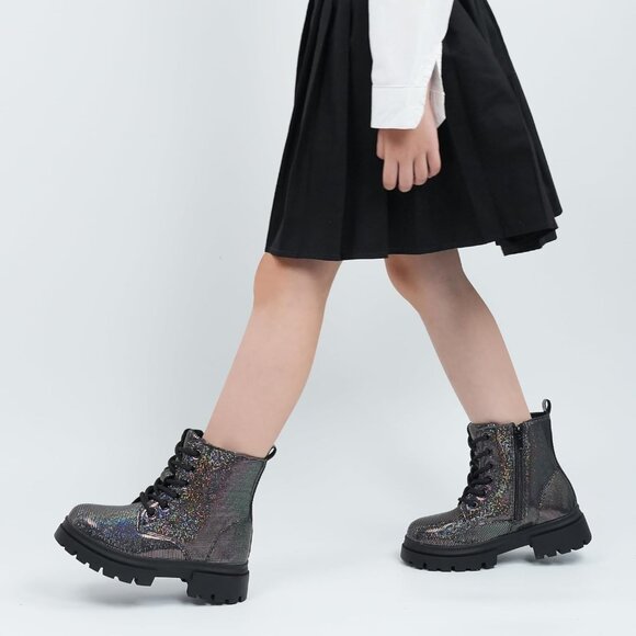 starmerx Girls Ankle Boot grey Lace Up Side Zipper Comfortable shiny upper - Picture 2 of 6